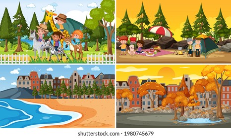 Four different scenes with children cartoon character illustration