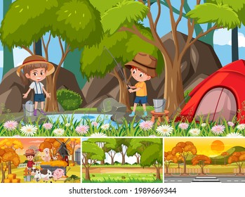 Four different scenes with children cartoon character illustration