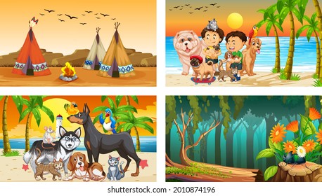 Four different scenes with children cartoon character illustration