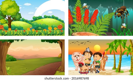 Four different scenes with children cartoon character illustration