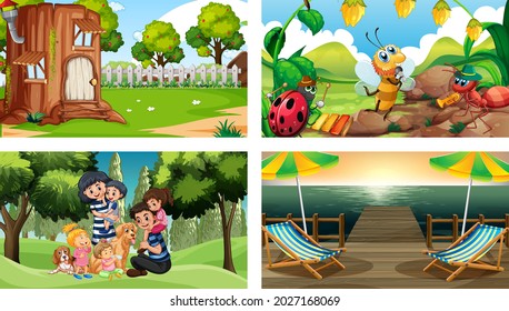 Cuatro escenas diferentes con niños caricatura ilustrativa