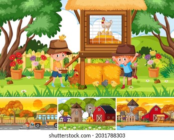 Four different scenes with children cartoon character illustration