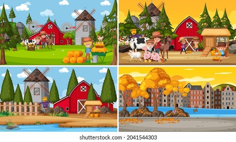 Cuatro escenas diferentes con niños caricatura ilustrativa