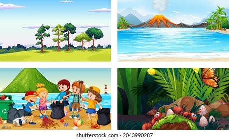 Four different scenes with children cartoon character illustration