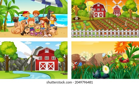 Cuatro escenas diferentes con niños caricatura ilustrativa