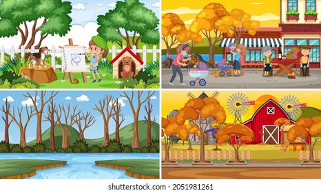 Four different scenes with children cartoon character illustration