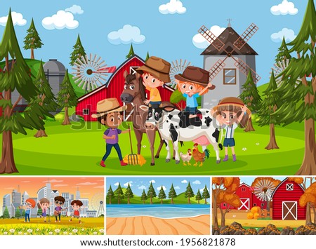 Four different scenes with children cartoon character illustration