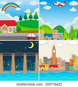 Cuatro escenas diferentes de la ilustración de la ciudad