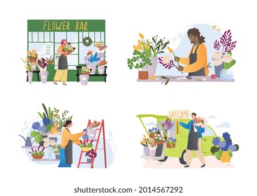 Four different scenes of florists working in shop or nursery arranging bouquets of cut flowers, spraying plants in pots and alongside delivery vehicle. Set of colored flat cartoon vector illustrations