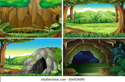 Four different scenes of forests illustration