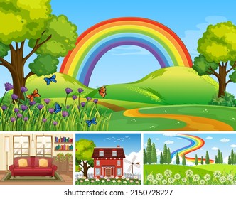 Four different scenes with green fields illustration