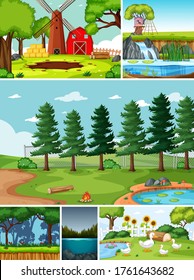 Four different scenes in nature setting cartoon style illustration