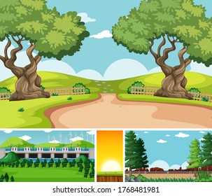 Four different scenes in nature setting cartoon style illustration
