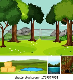 Four different scenes in nature setting cartoon style illustration