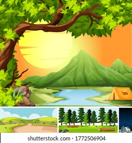 Four different scenes in nature setting cartoon style illustration