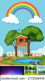 Four different scenes in nature setting cartoon style illustration