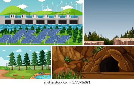 Four different scenes in nature setting cartoon style illustration