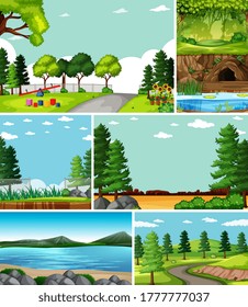 Four different scenes in nature setting cartoon style illustration