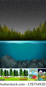 Four different scenes in nature setting cartoon style illustration