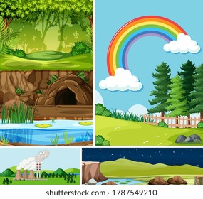 Four different scenes in nature setting cartoon style illustration