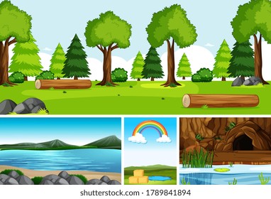 Four different scenes in nature setting cartoon style illustration