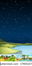 Four different scenes in nature setting cartoon style illustration