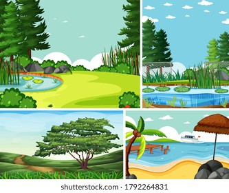 Four different scenes in nature setting cartoon style illustration