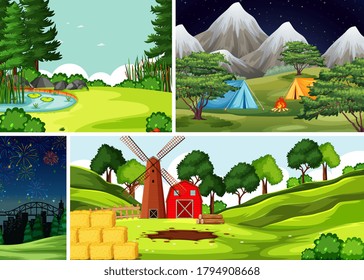 Four different scenes in nature setting cartoon style illustration