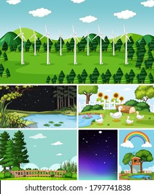 Four different scenes in nature setting cartoon style illustration