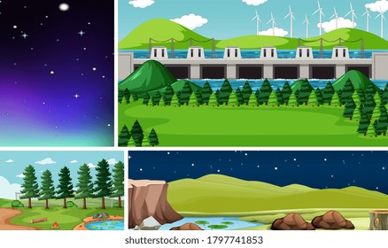 Four different scenes in nature setting cartoon style illustration