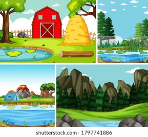Four different scenes in nature setting cartoon style illustration