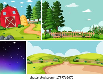 Four different scenes in nature setting cartoon style illustration