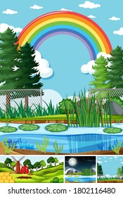 Four different scenes in nature setting cartoon style illustration