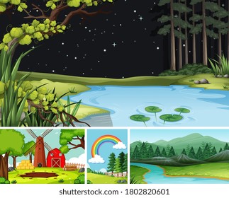 Four different scenes in nature setting cartoon style illustration