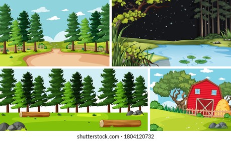 Four different scenes in nature setting cartoon style illustration