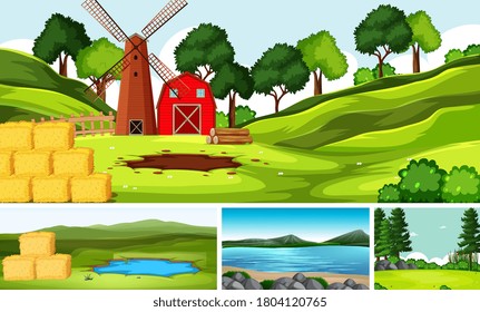 Four different scenes in nature setting cartoon style illustration