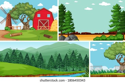 Four different scenes in nature setting cartoon style illustration