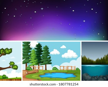 Four different scenes in nature setting cartoon style illustration