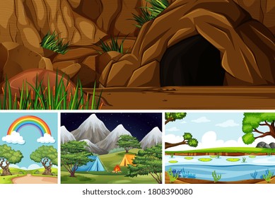 Four different scenes in nature setting cartoon style illustration