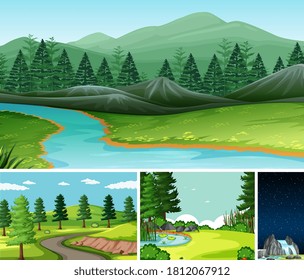 Four different scenes in nature setting cartoon style illustration