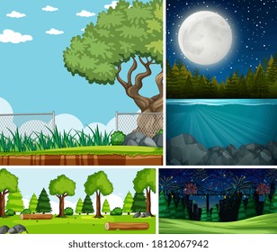 Cuatro escenas diferentes en la naturaleza de la ilustración de estilo de dibujos animados