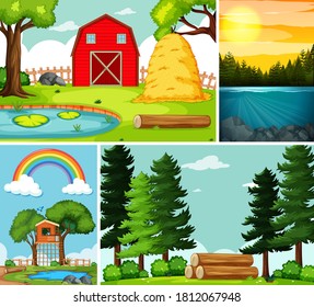 Cuatro escenas diferentes en la naturaleza de la ilustración de estilo de dibujos animados