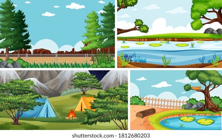 Cuatro escenas diferentes en la naturaleza de la ilustración de estilo de dibujos animados