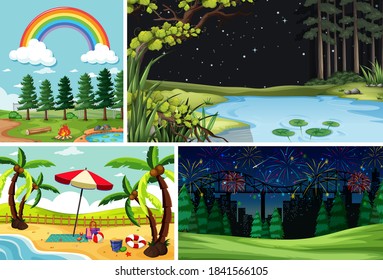 Cuatro escenas diferentes en la naturaleza de la ilustración de estilo de dibujos animados