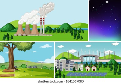Cuatro escenas diferentes en la naturaleza de la ilustración de estilo de dibujos animados
