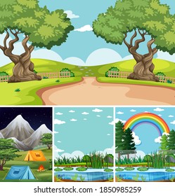 Four different scenes in nature setting cartoon style illustration