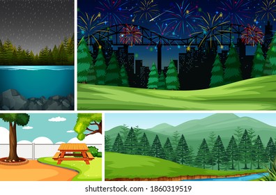 Four different scenes in nature setting cartoon style illustration