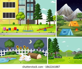 Four different scenes in nature setting cartoon style illustration