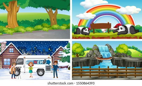 Four different scenes with people and nature illustration