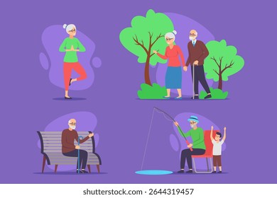 Four different scenes of seniors engaged in leisure activities outdoors. People practicing yoga, walking together, fishing, and relaxing on bench